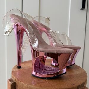 New - No Box - Pleaser Sparkling Chrome Pink Platform Heels - Size 5